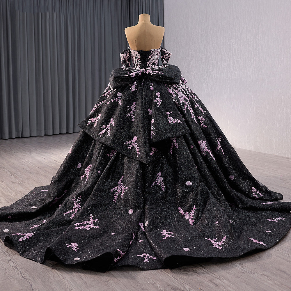 2024 Sequin Floral Appliqué Vine Sweetheart A-Line Ball Gown With Detached Sleeves
