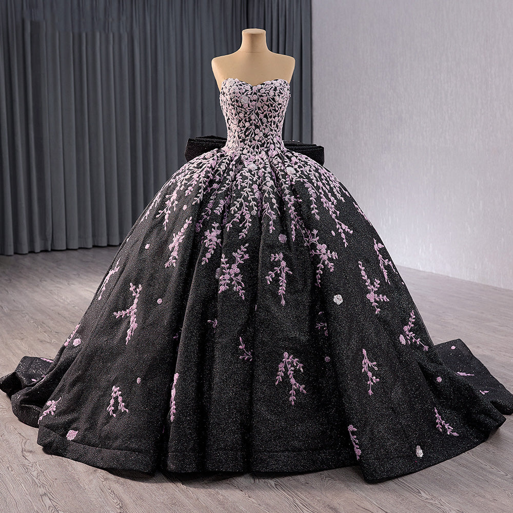 2024 Sequin Floral Appliqué Vine Sweetheart A-Line Ball Gown With Detached Sleeves