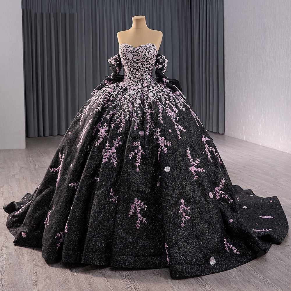 2024 Sequin Floral Appliqué Vine Sweetheart A-Line Ball Gown With Detached Sleeves