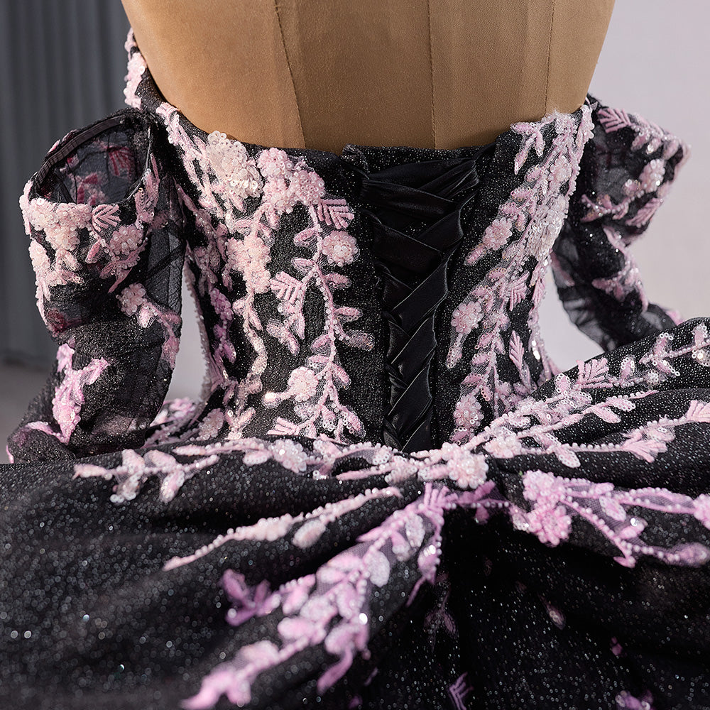 2024 Sequin Floral Appliqué Vine Sweetheart A-Line Ball Gown With Detached Sleeves