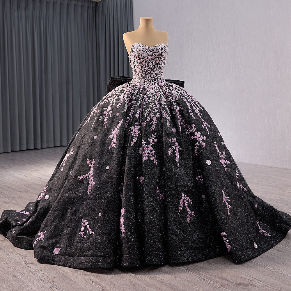 2024 Sequin Floral Appliqué Vine Sweetheart A-Line Ball Gown With Detached Sleeves