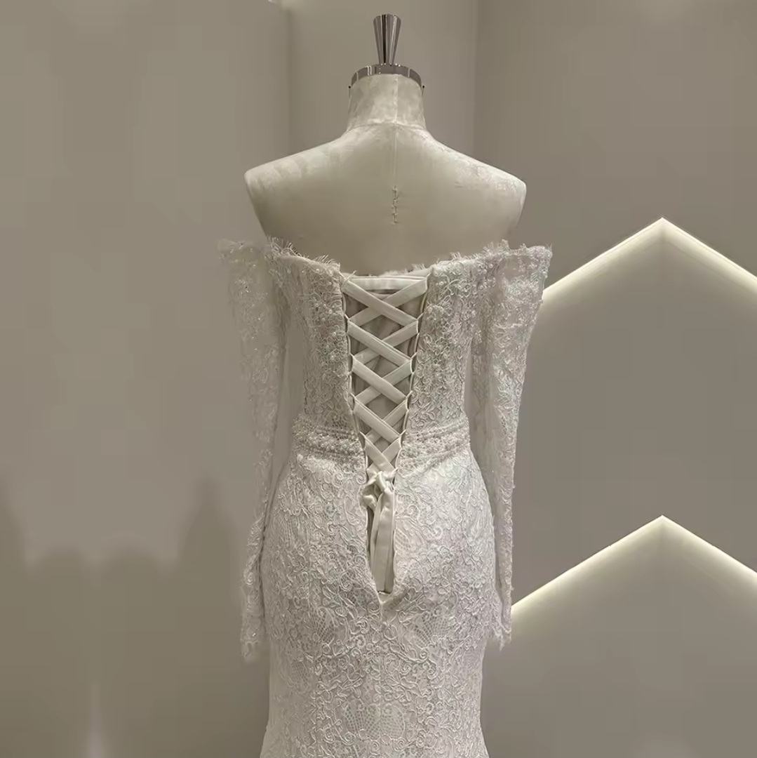 Full Lace With Bodice Scattered Pearl Beading Off The Shoulder 2025 Trumpet Style Bridal Gown With 50cm Train