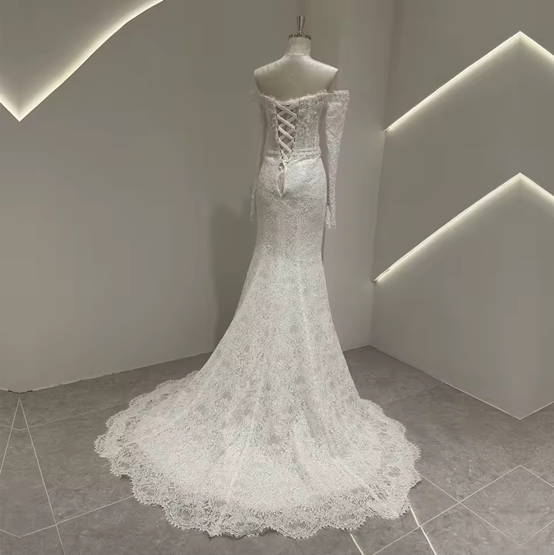 Full Lace With Bodice Scattered Pearl Beading Off The Shoulder 2025 Trumpet Style Bridal Gown With 50cm Train