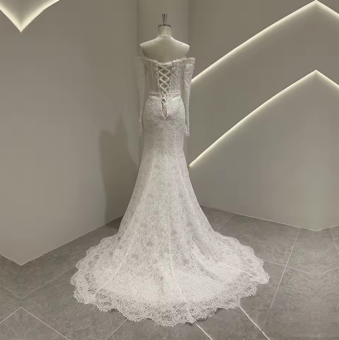 Full Lace With Bodice Scattered Pearl Beading Off The Shoulder 2025 Trumpet Style Bridal Gown With 50cm Train