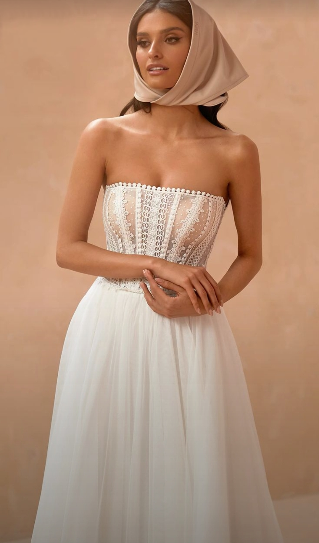 Boho Lace Dotted Strapless Boat Neck With Draped Tassel Detail A-Line Gown With Lace Up Closure And Matching Detached Flare Sleeve Bolero
