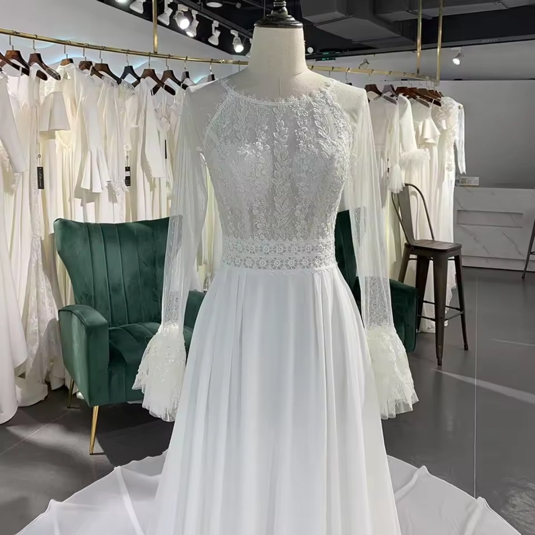 Romantic And Modest Boho Long Sleeve Lace Bodice Bridal, Ceremonial And Vow Renewal Gown