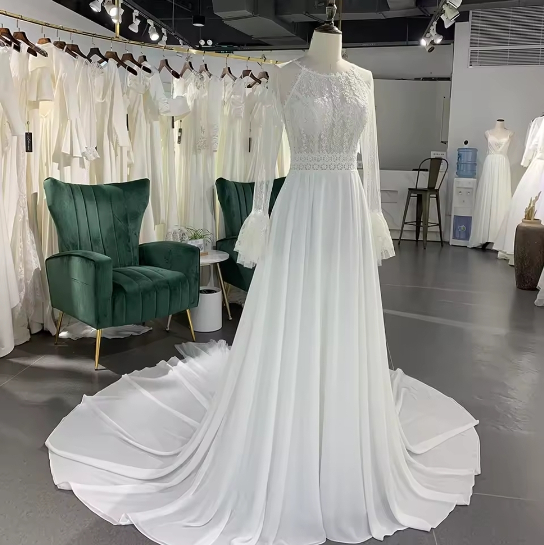 Romantic And Modest Boho Long Sleeve Lace Bodice Bridal, Ceremonial And Vow Renewal Gown