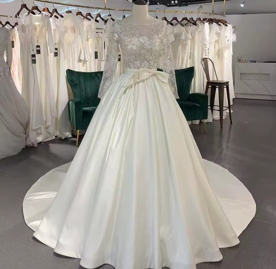 Beaded And Sequinned Floral Embroidered Long Sleeve Satin A-Line 2025 Bridal Gown