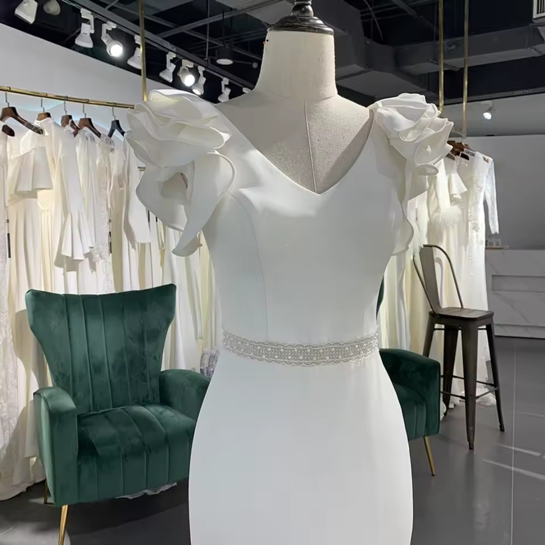 Ruffled Cap Sleeve V Neck And Pearl Beaded Minimalist Lace Waist Bridal, Ceremonial And Vow Renewal Mermaid Gown