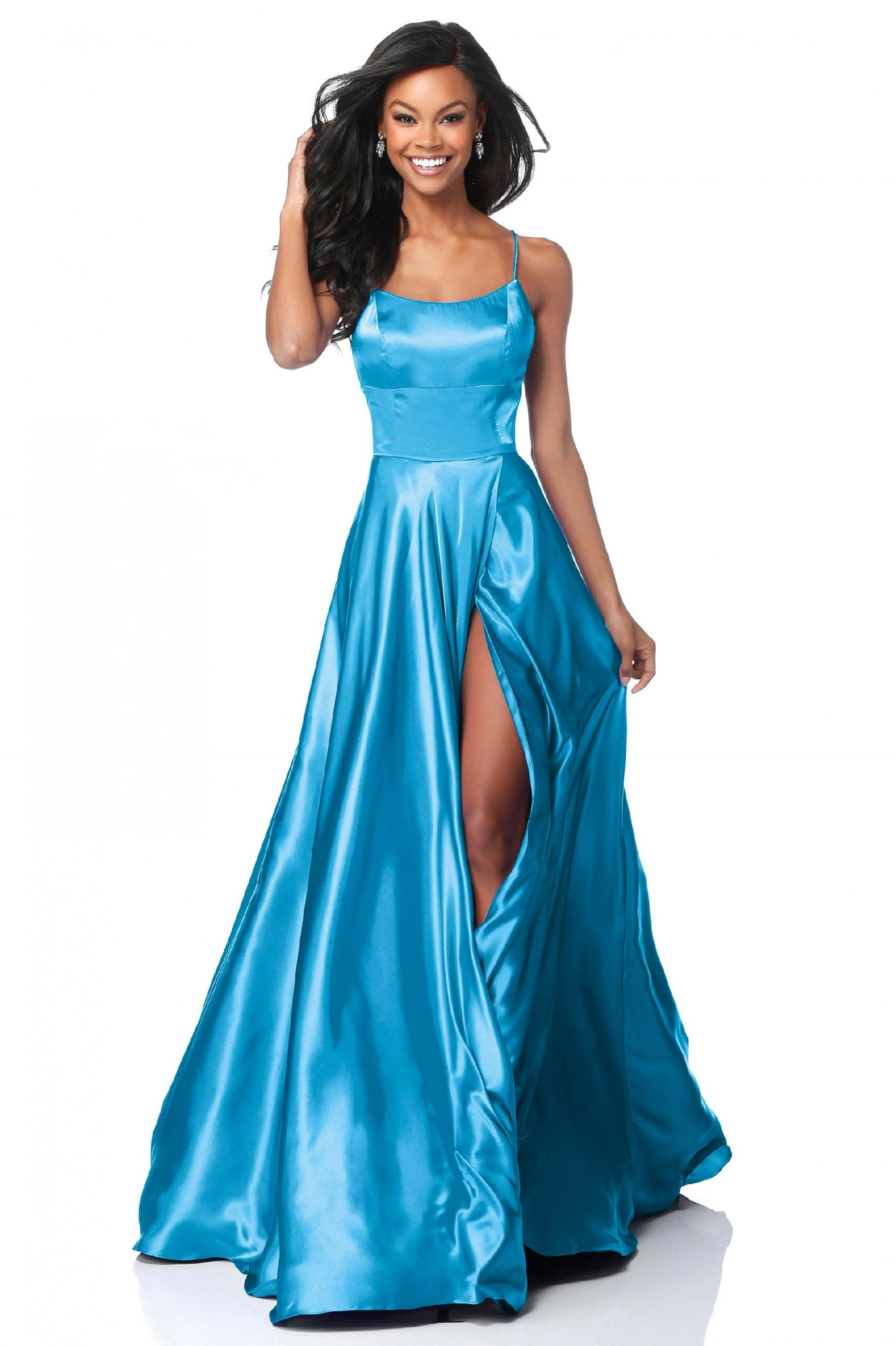 Strappy A-Line Satin Bridesmaid/Maid Of Honor Dress With Lace Up Back And High Skirt Slit