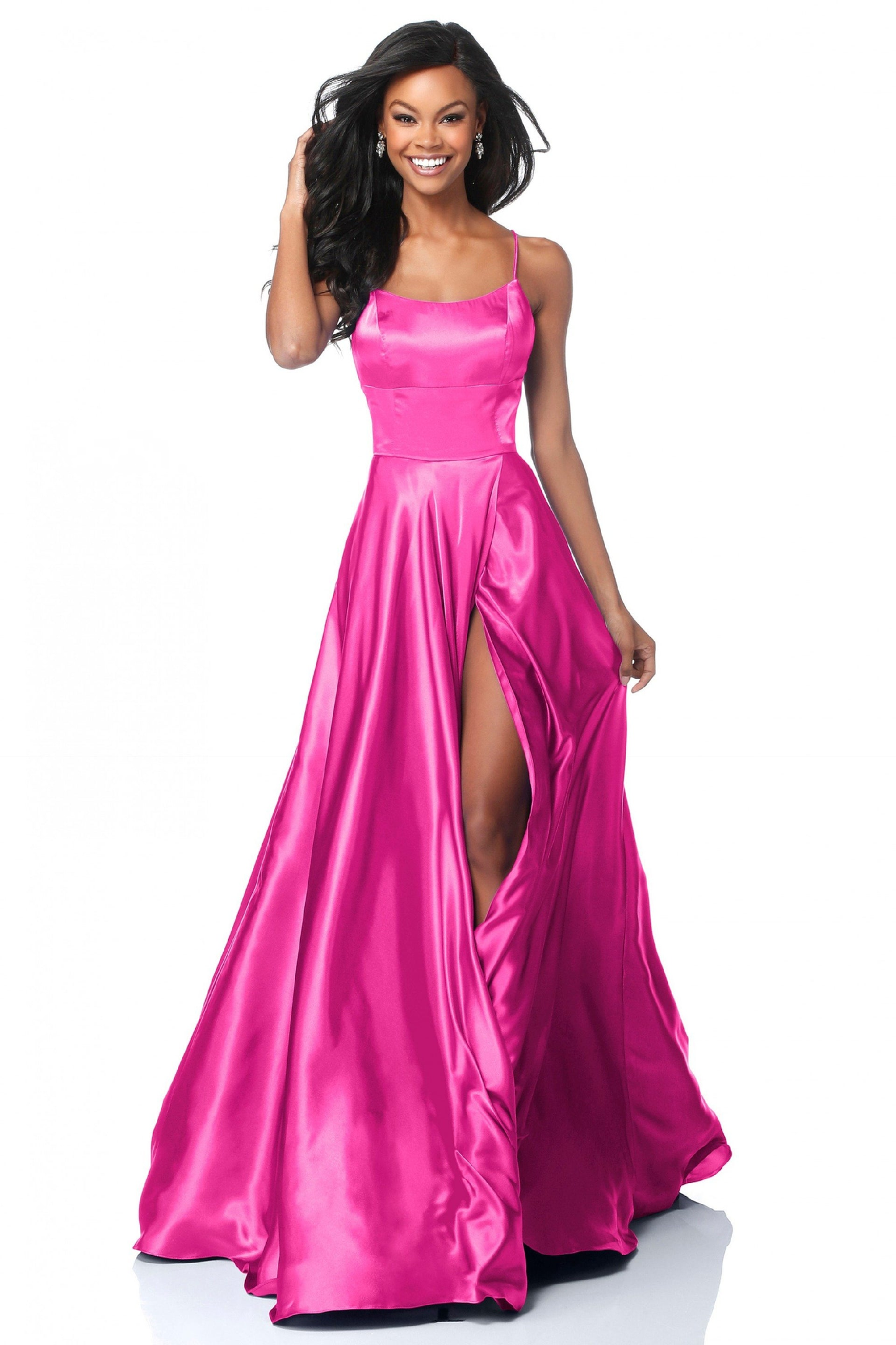 Strappy A-Line Satin Bridesmaid/Maid Of Honor Dress With Lace Up Back And High Skirt Slit