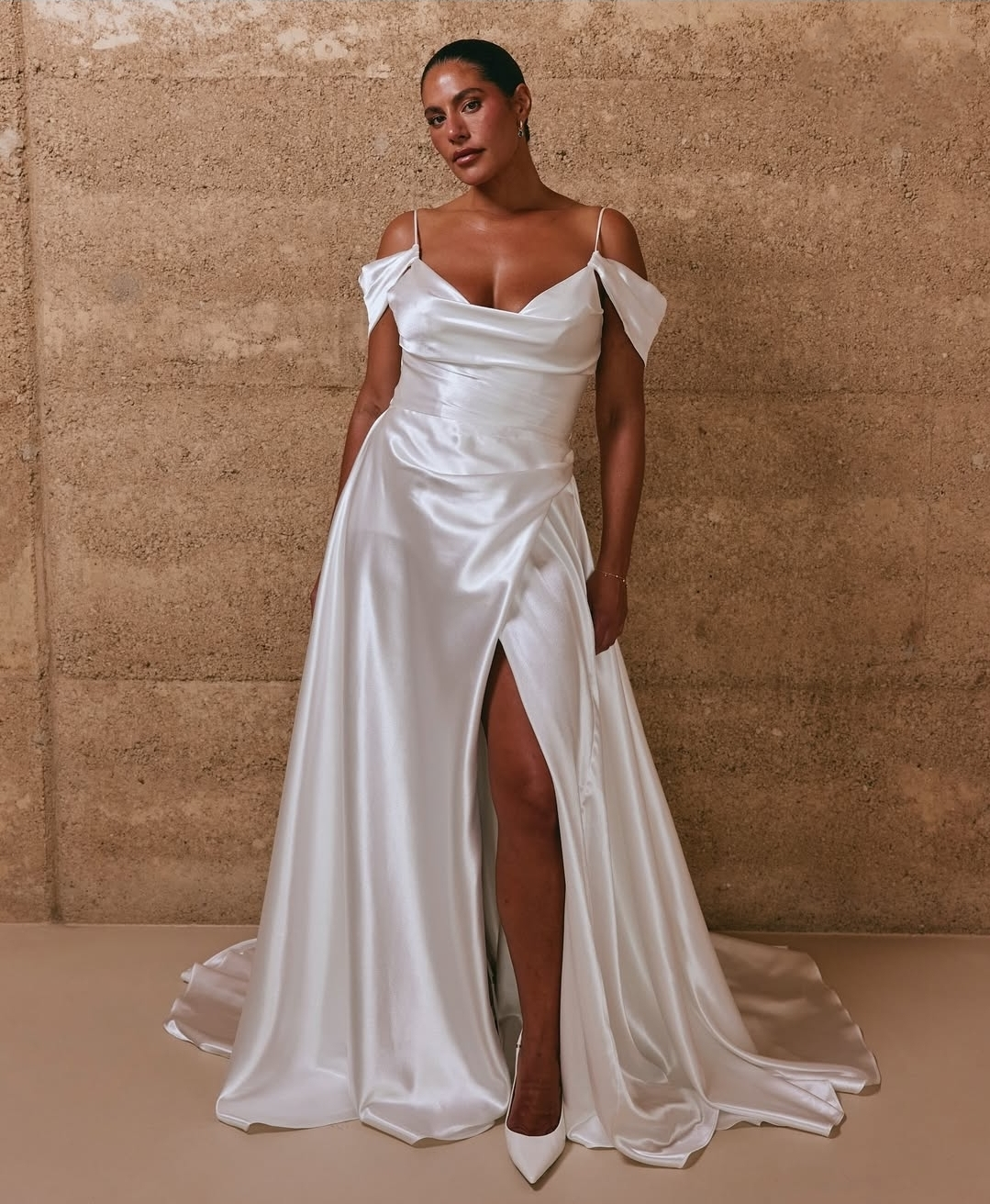 Simply Flawless And Flattering Satin Off The Shoulder Asymmetric Pleated Waist Gown With Split Hem