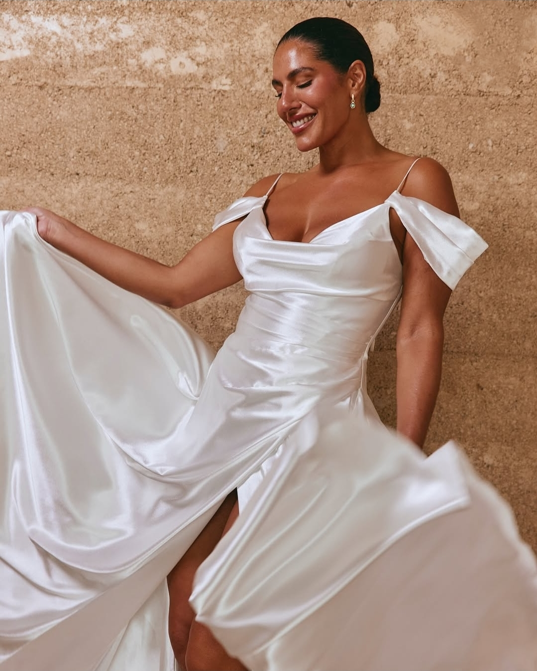 Simply Flawless And Flattering Satin Off The Shoulder Asymmetric Pleated Waist Gown With Split Hem