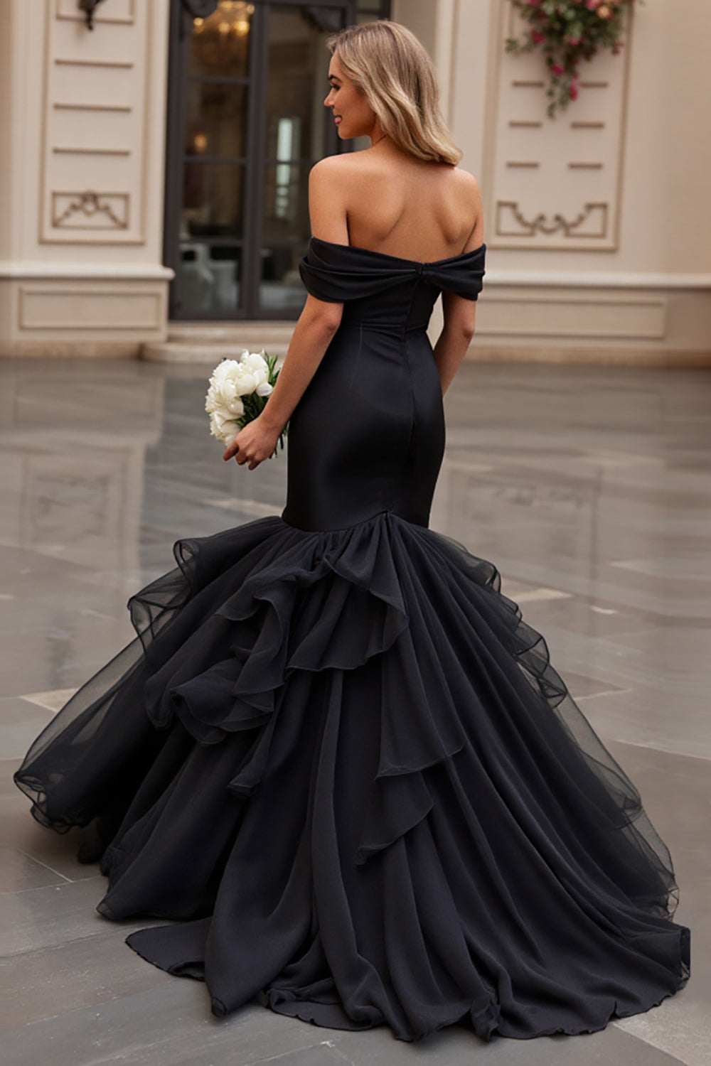 Off The Shoulder Folded And Pleated Boat Neck Fit To Flare Layered Mermaid Skirt With Fishtail Train Non-Traditional Black Wedding Gown