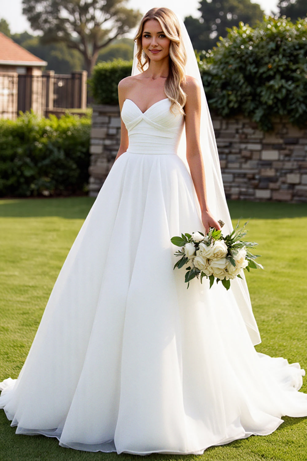 Simply Sweet Strapless Pleated Corset Bodice With A-Line Skirt Wedding Gown