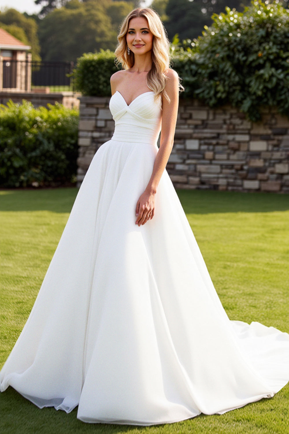 Simply Sweet Strapless Pleated Corset Bodice With A-Line Skirt Wedding Gown