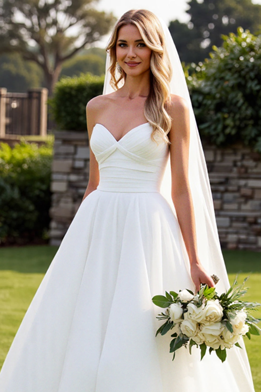 Simply Sweet Strapless Pleated Corset Bodice With A-Line Skirt Wedding Gown