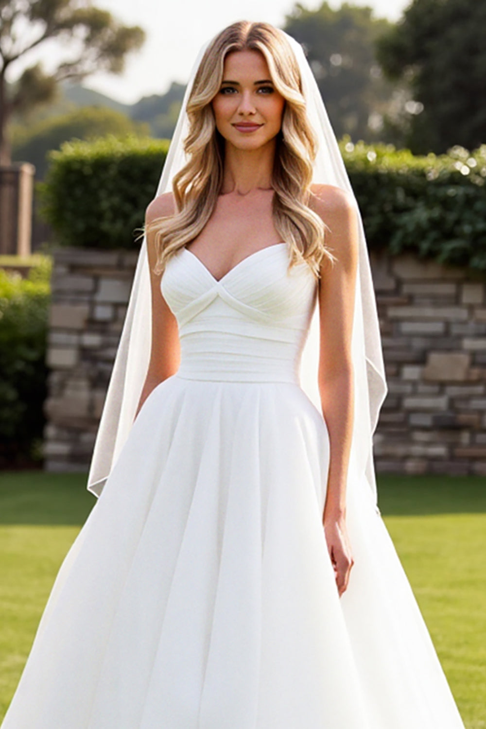 Simply Sweet Strapless Pleated Corset Bodice With A-Line Skirt Wedding Gown