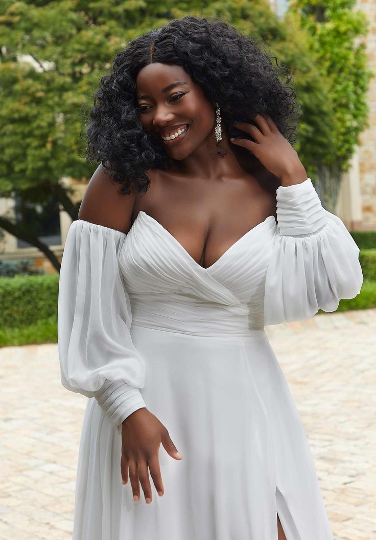 Effortless V Neck Minimalist Pleated Chiffon Bridal Ceremonial Gown With Matching Detached Sleeves