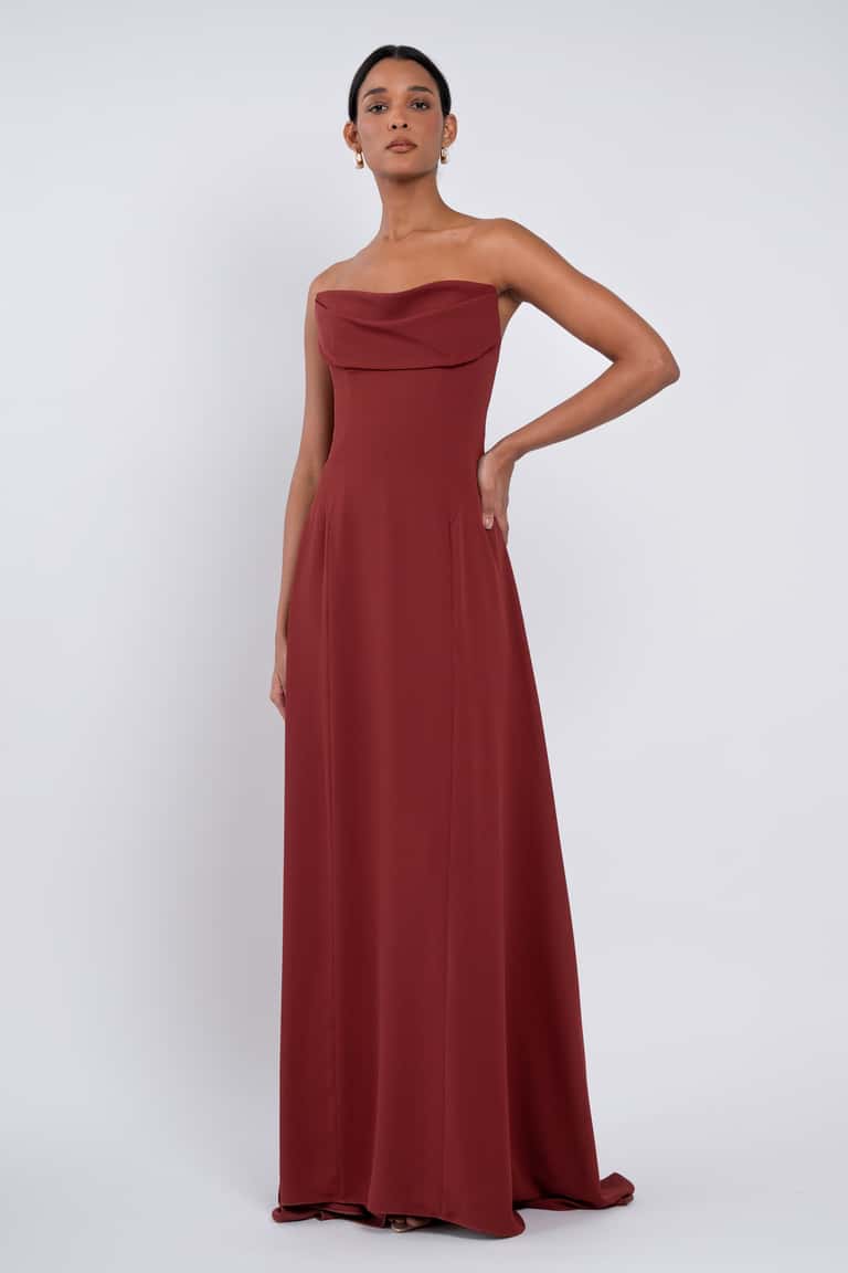 Empire Waist Draped Neckline Bridesmaid Dress With Princess Seams And Flattering Full Flowing Skirt