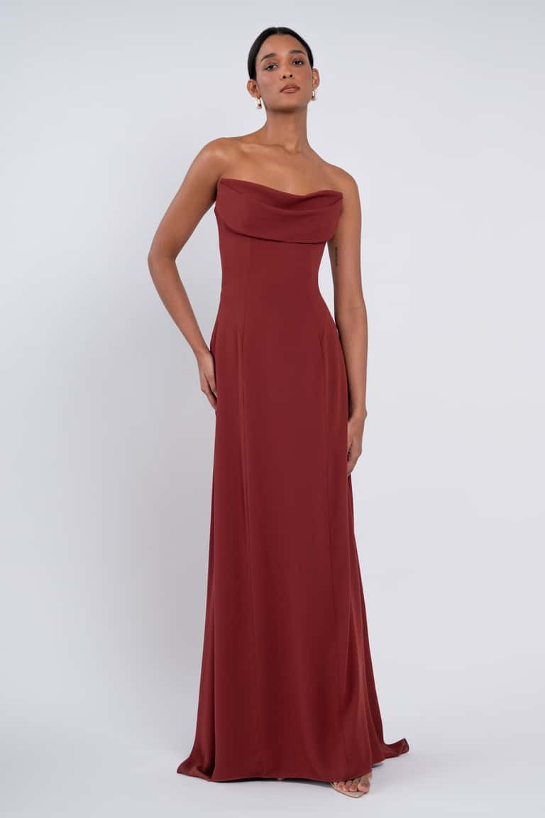 Empire Waist Draped Neckline Bridesmaid Dress With Princess Seams And Flattering Full Flowing Skirt