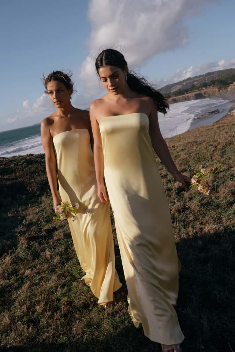 Lustrous Luxe Satin Beautifully Cut Strapless Neckline Sheath Silhouette Bridesmaid Dress