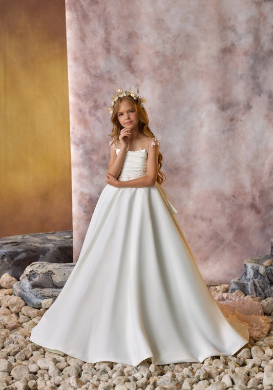 Beautiful Pearl Beaded & Butterflies Pleated Bodice A-Line Flower Girl Gown