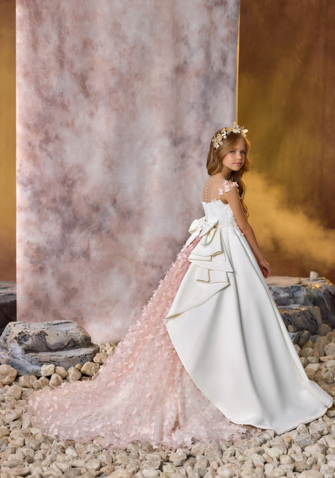 Beautiful Pearl Beaded & Butterflies Pleated Bodice A-Line Flower Girl Gown