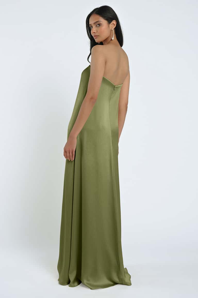 Lustrous Luxe Satin Beautifully Cut Strapless Neckline Sheath Silhouette Bridesmaid Dress