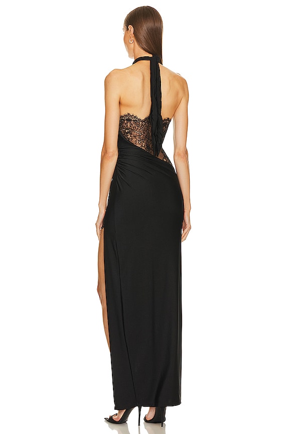 Pleated Ruched Halter Neck Bridesmaids/Maid Of Honor Dress With Lace Inlet Bodice To Back Detail, Ruched Hip Split With Lace Inlay