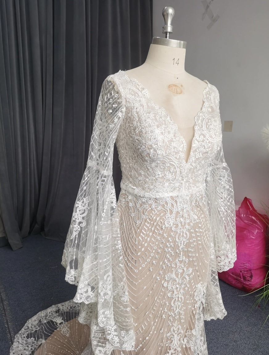 Bohemian Boho Style Deep Illusion Sweetheart Lace Flare Sleeve Mermaid Gown