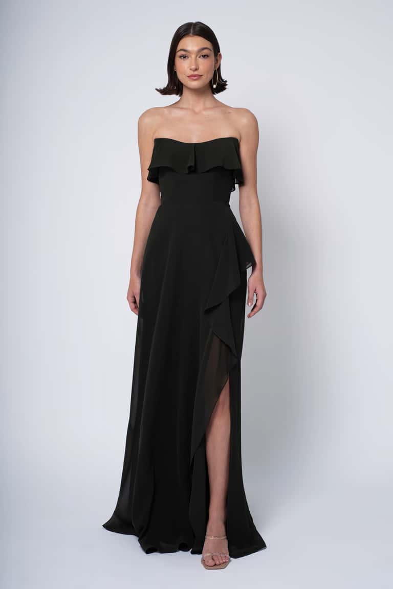 Classically Romantic Chiffon Flattering Off The Shoulder Neckline With A Dainty Ruffled Sleeve, And A Side Slit With A Delicately Cascading Ruffle Bridesmaid Dress