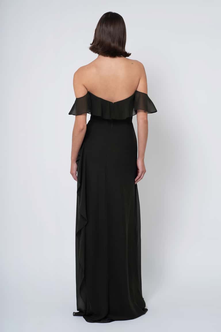Classically Romantic Chiffon Flattering Off The Shoulder Neckline With A Dainty Ruffled Sleeve, And A Side Slit With A Delicately Cascading Ruffle Bridesmaid Dress