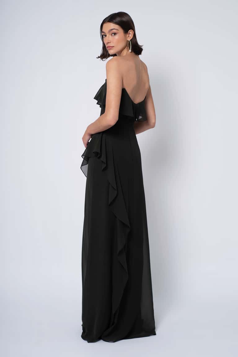 Classically Romantic Chiffon Flattering Off The Shoulder Neckline With A Dainty Ruffled Sleeve, And A Side Slit With A Delicately Cascading Ruffle Bridesmaid Dress