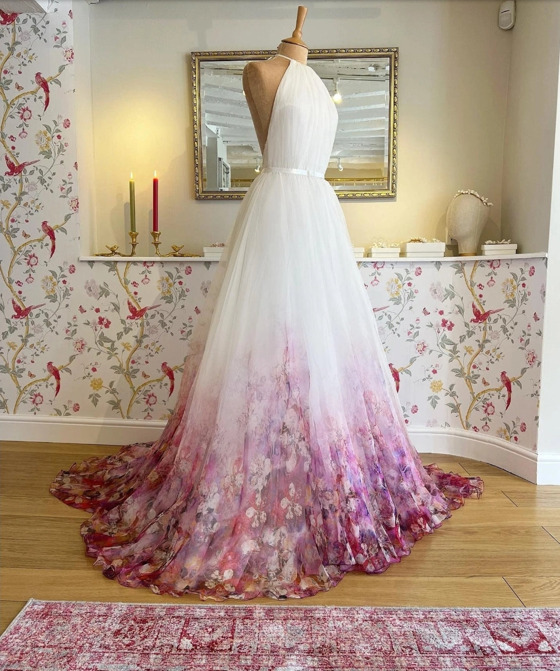 Floral Ombre Hem Halter Style Chiffon Bridal, Mother Of The Bride, Reception Party, Vow Renewal, Civil Ceremony Gown