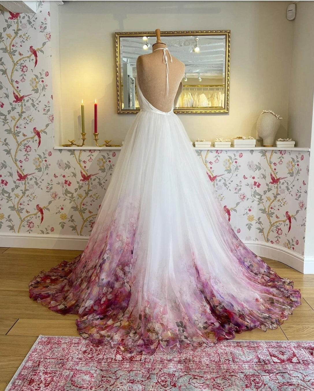 Floral Ombre Hem Halter Style Chiffon Bridal, Mother Of The Bride, Reception Party, Vow Renewal, Civil Ceremony Gown
