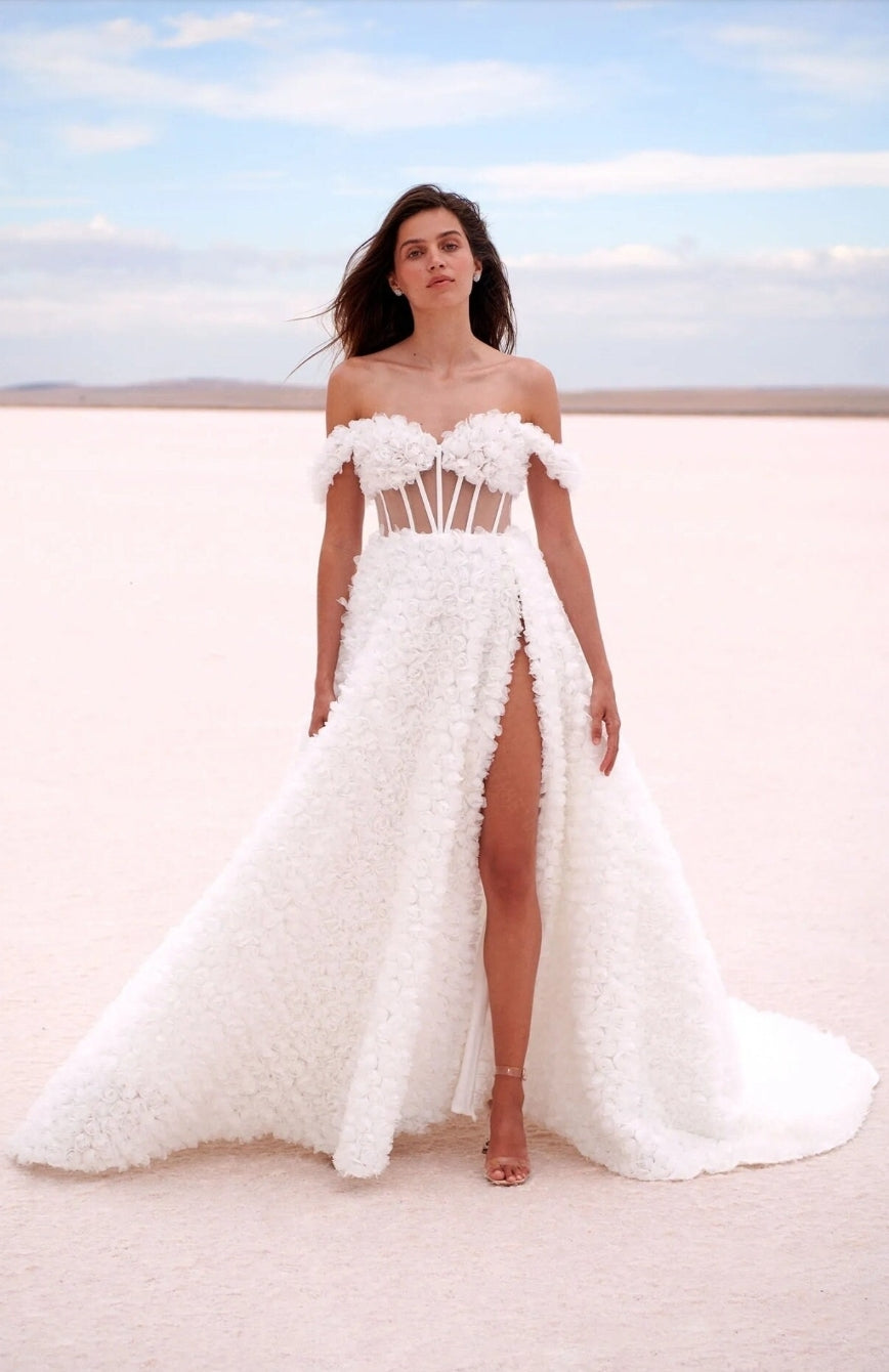 3D Rosette Lace Off The Shoulder Sweetheart Beach Inspired Dress WenLeeBridal 3D Rosette Lace Off The Shoulder Sweetheart Beach Inspired Dress WenLeeBridal