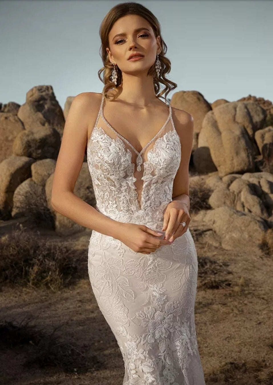 Crystal Beaded Drop V Neck Mermaid Gown With Court Train