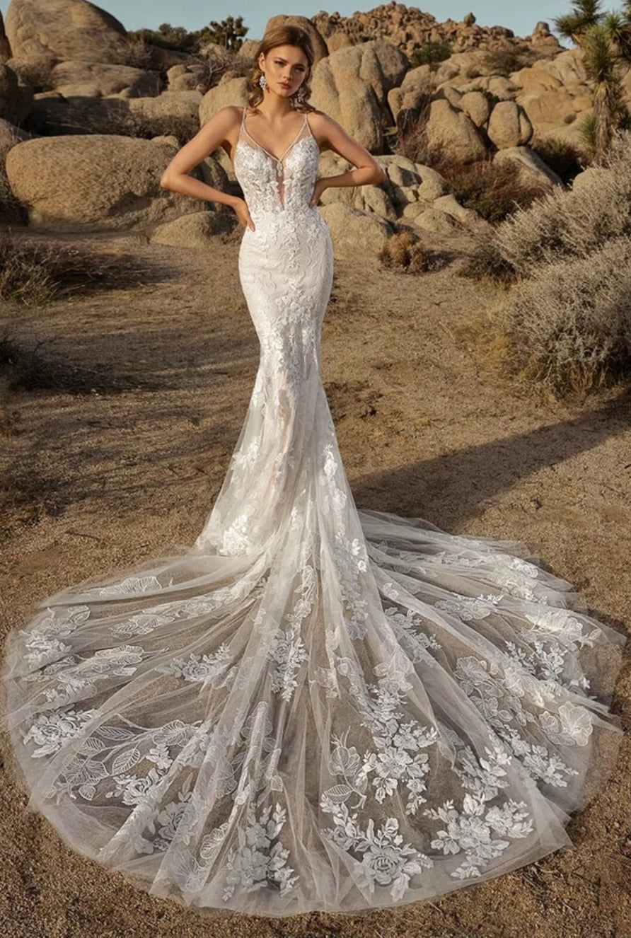 Crystal Beaded Drop V Neck Mermaid Gown With Court Train