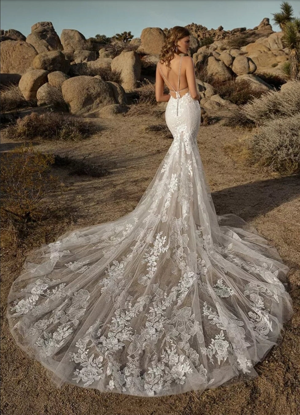Crystal Beaded Drop V Neck Mermaid Gown With Court Train