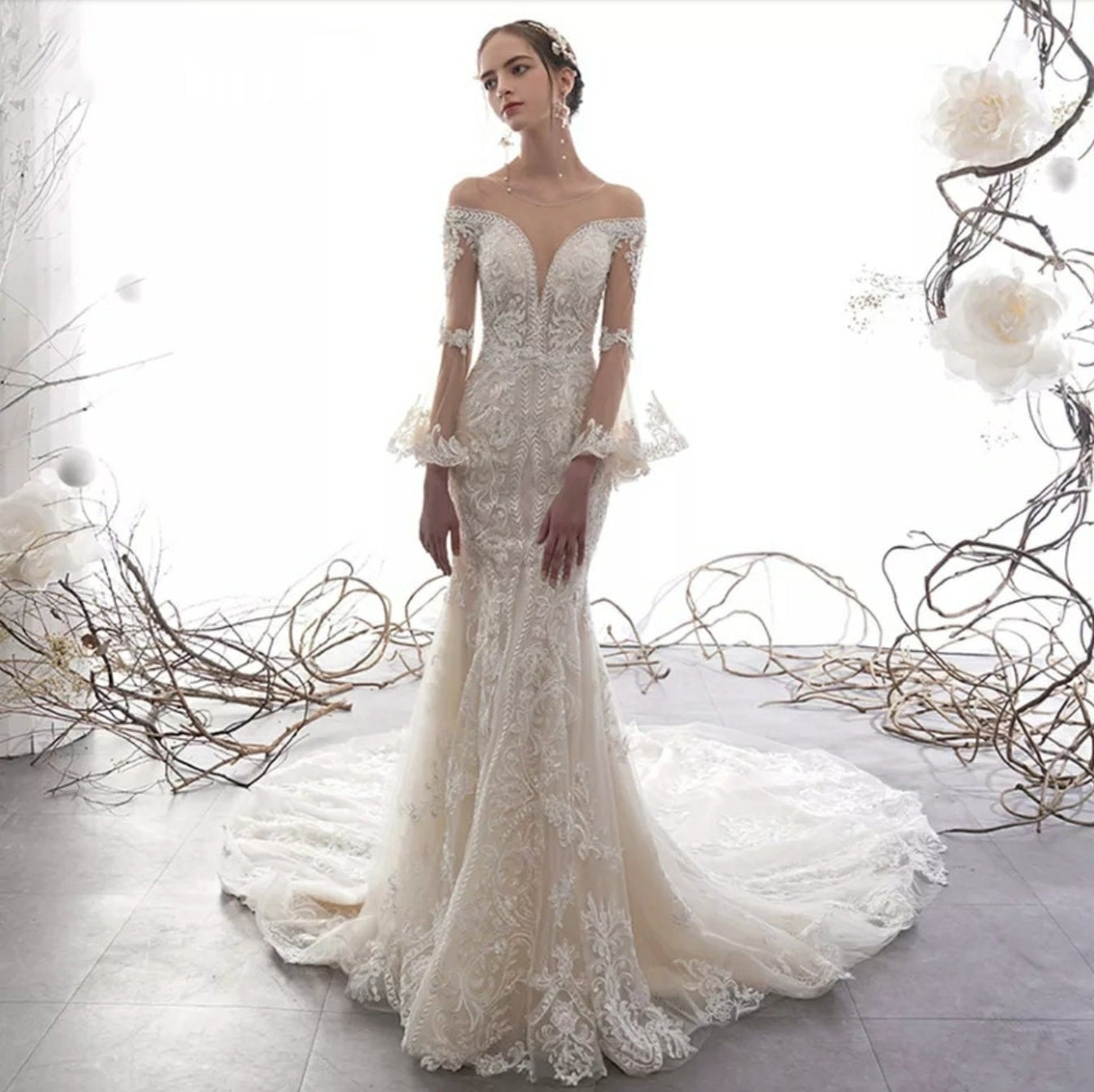 Deep Sweetheart Neck Crystal Beading & Lace Appliqués With Bell Sleeves