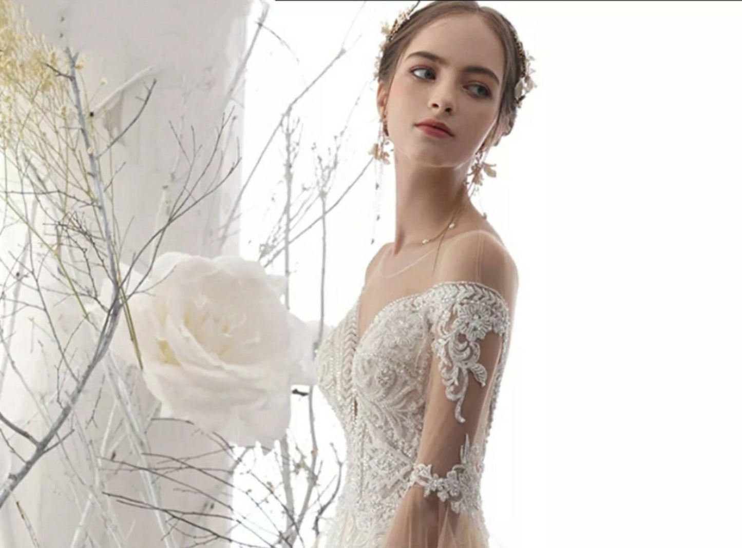 Deep Sweetheart Neck Crystal Beading & Lace Appliqués With Bell Sleeves