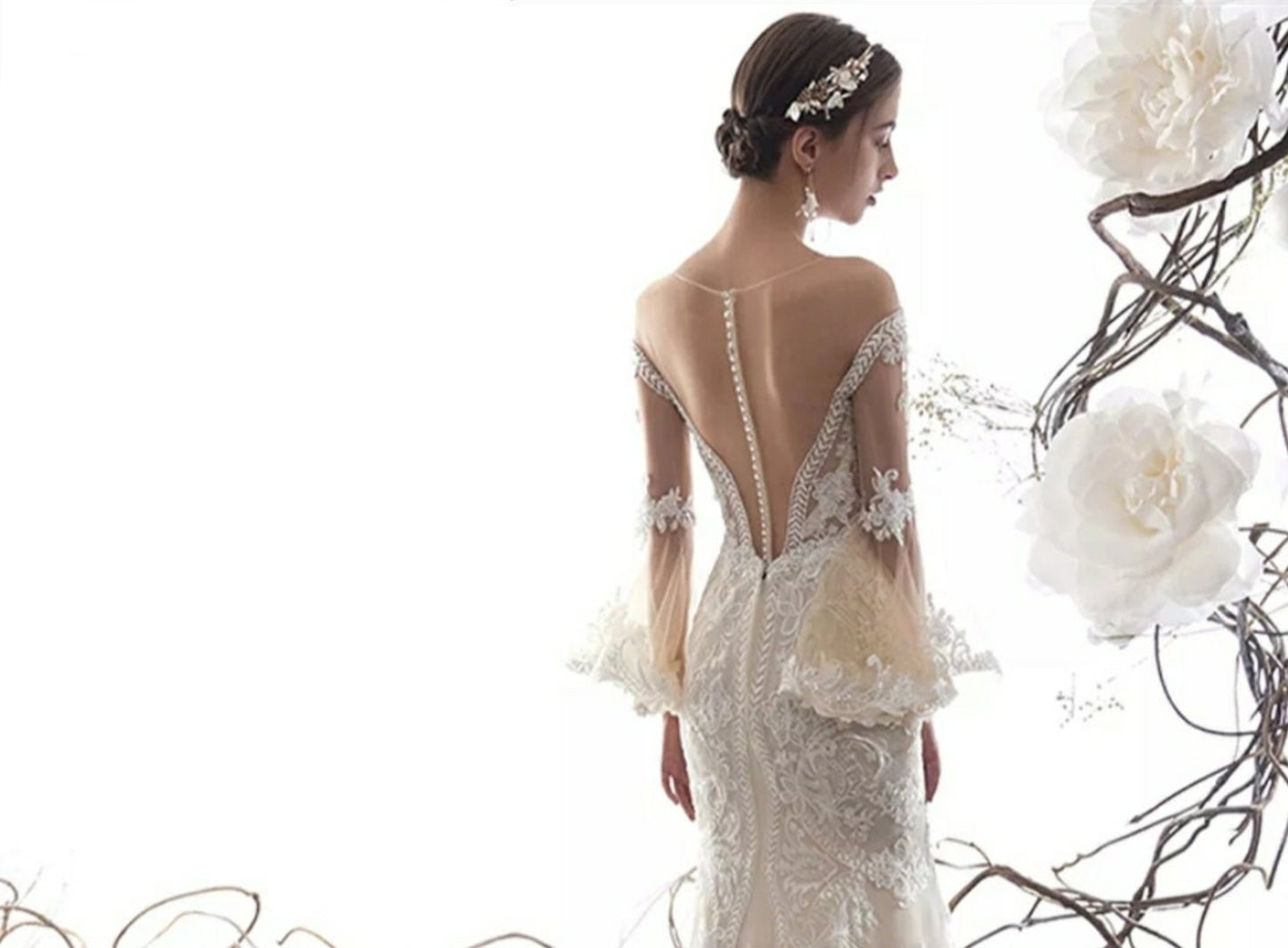 Deep Sweetheart Neck Crystal Beading & Lace Appliqués With Bell Sleeves