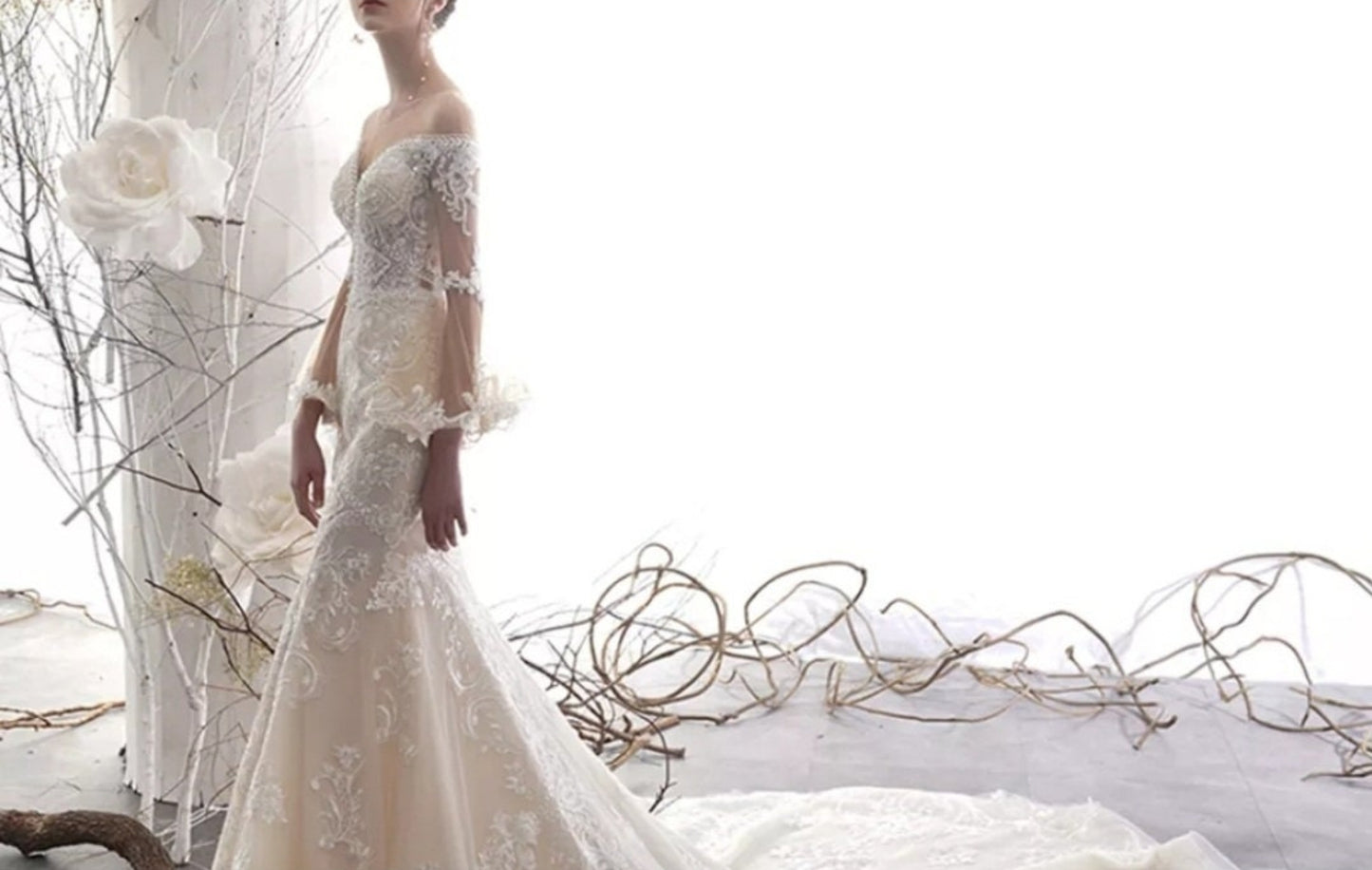 Deep Sweetheart Neck Crystal Beading & Lace Appliqués With Bell Sleeves