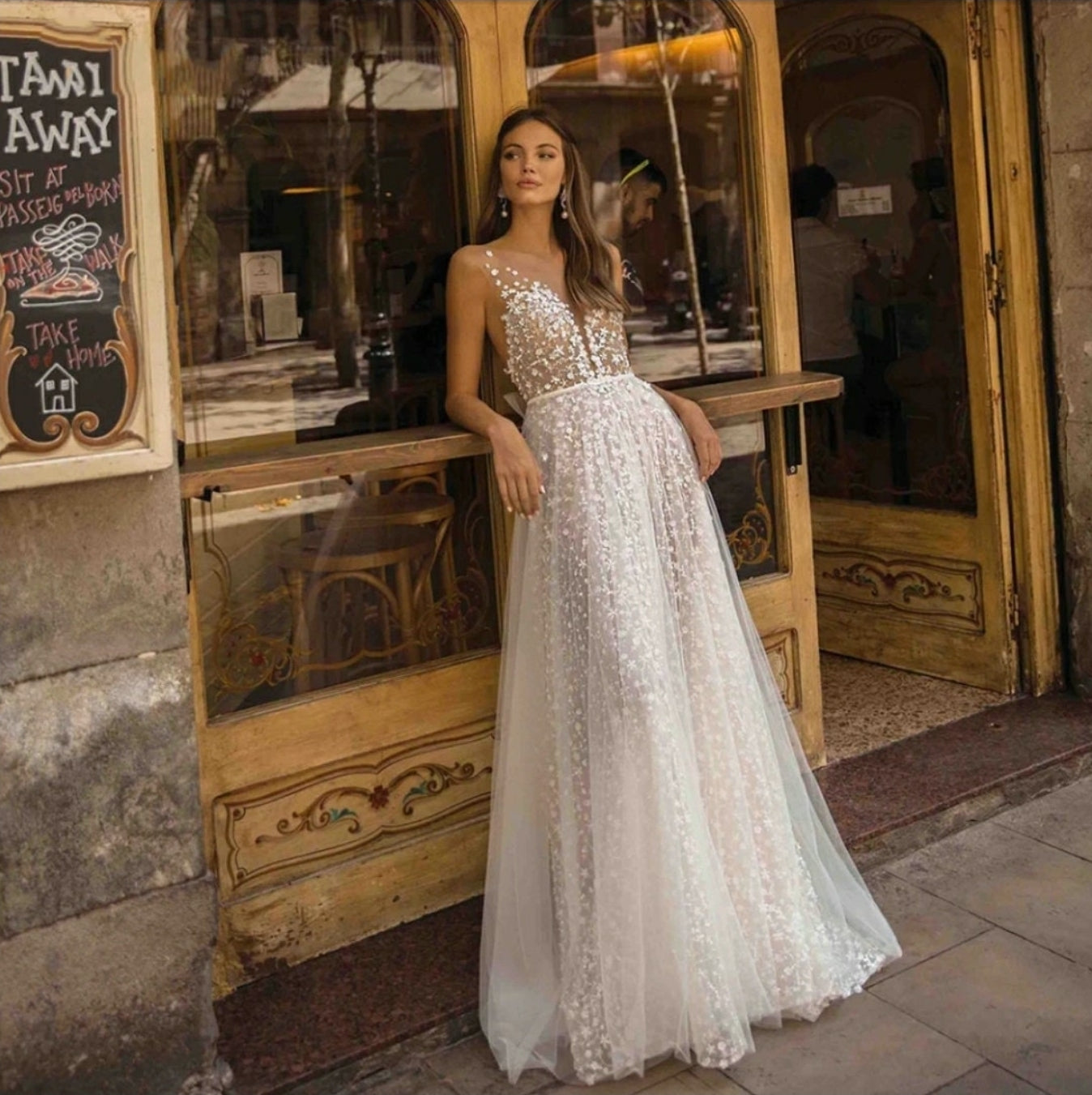 Delicate Floral Lace Plunging Neckline Illusion Beach Boho Wedding Dre WenLeeBridal Delicate Floral Lace Plunging Neckline Illusion Beach Boho Wedding Dre WenLeeBridal