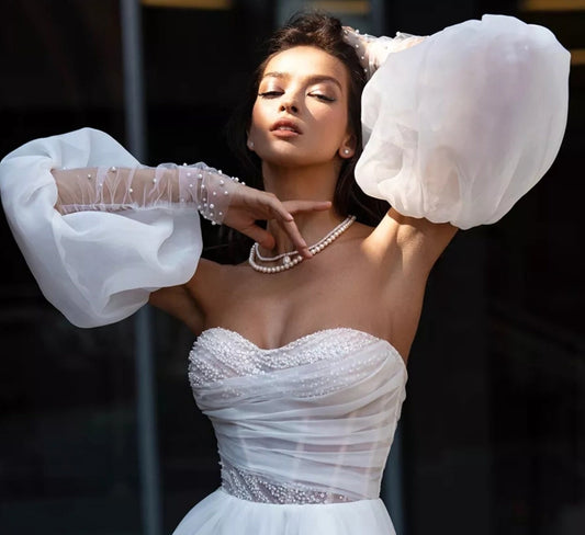 Detached Organza Cloud & Sheer Pearl Beaded Sleeves