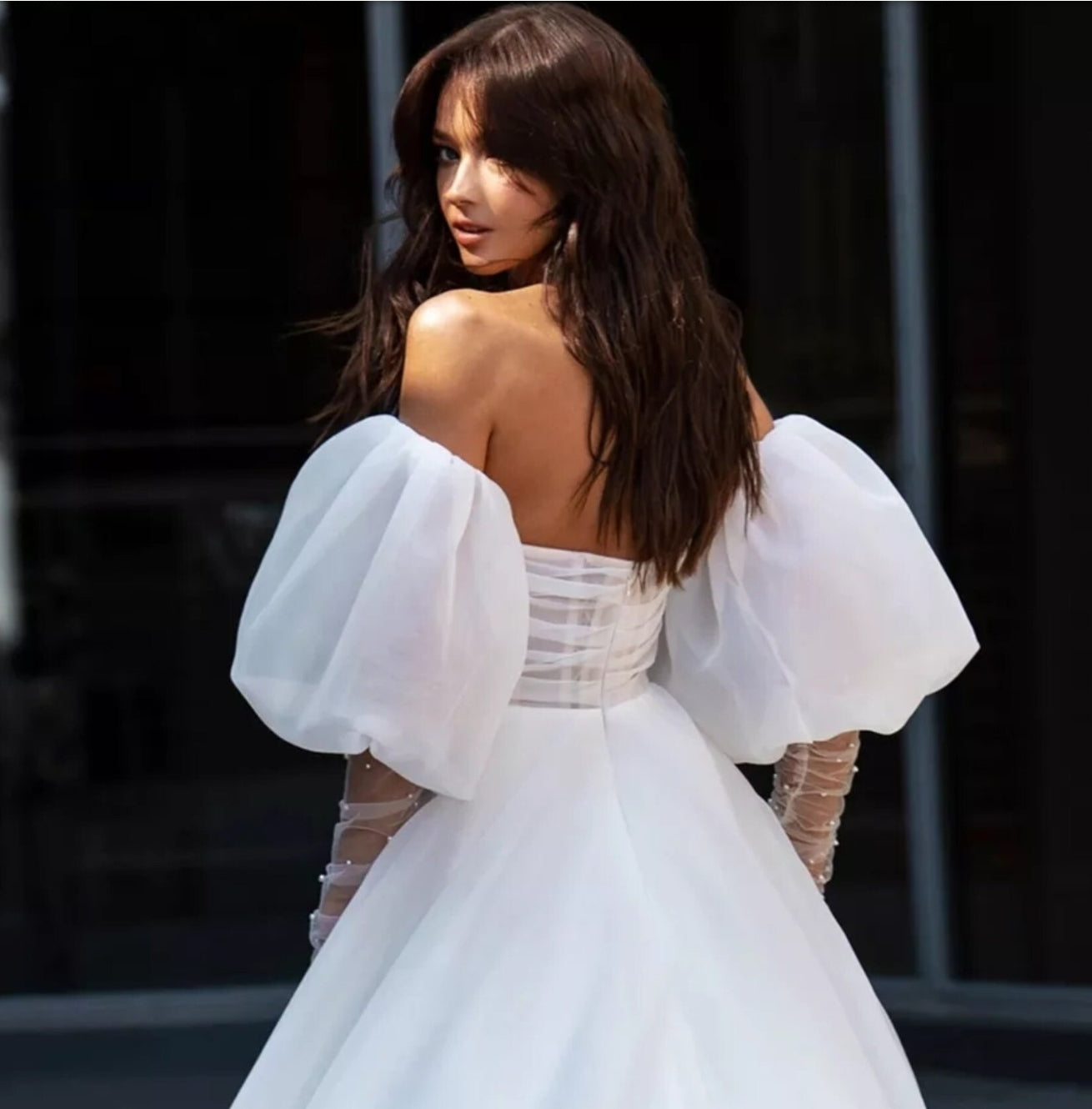 Detached Organza Cloud & Sheer Pearl Beaded Sleeves