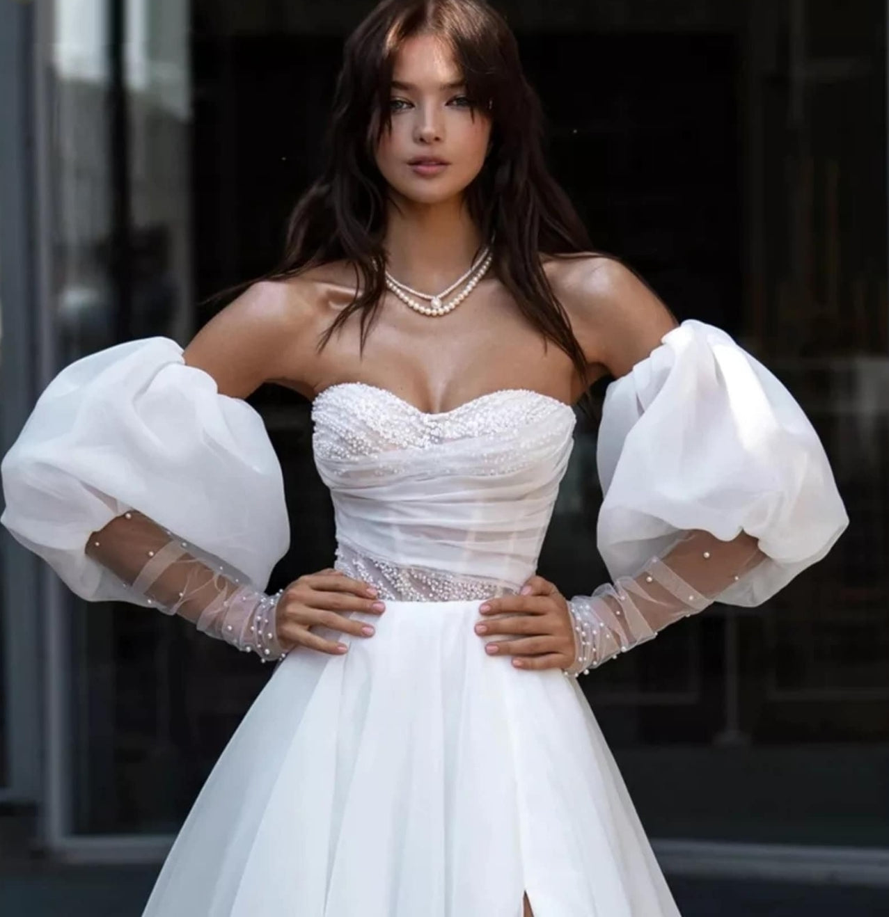 Detached Organza Cloud & Sheer Pearl Beaded Sleeves