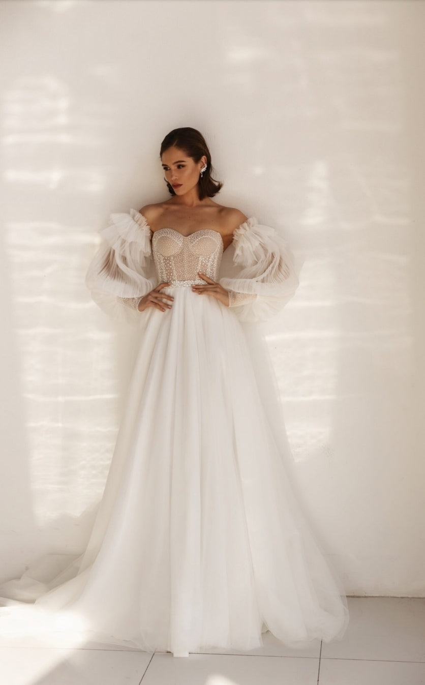 Detached Plisse Tulle Layered Bicep Dotted Wrist Sleeves