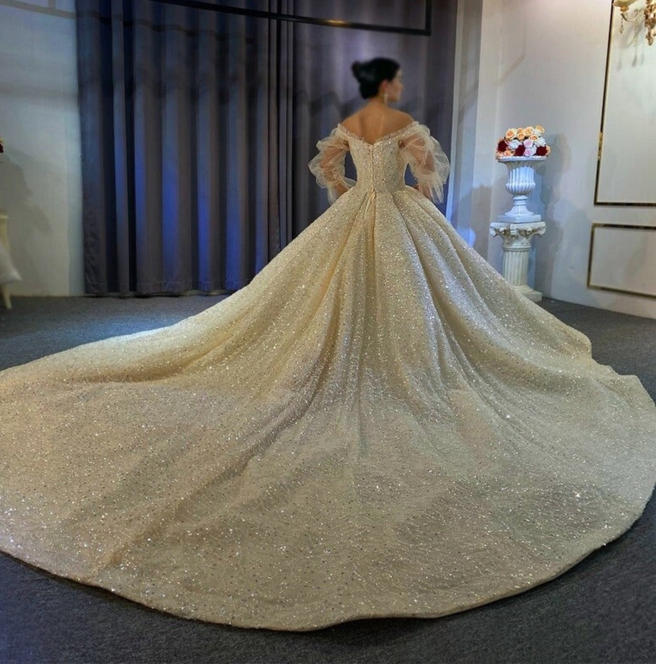 Shimmering Tulle Trimmed Sweetheart Sheer Full Sleeve Wedding Ball Gown